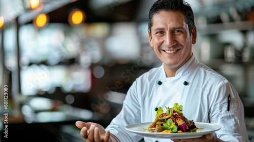 Smiling chef holding a beautifully plated gourmet dish, showcasing vibrant colors and intricate presentation, perfect for highlighting culinary expertise and passion