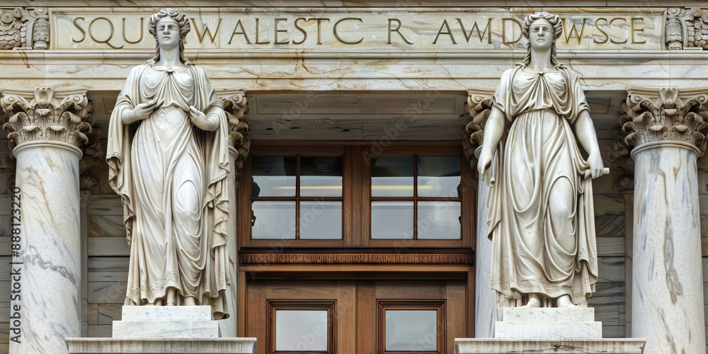 The Unwavering Pillars of Justice: Two marble statues of lady justice stand tall, flanking a set of courtroom doors, symbolizing the enduring strength of the American judicial system. The Unwavering Pillars of Justice: Two marble statues of lady justice stand tall, flanking a set of courtroom doors, symbolizing the enduring strength of the American judicial system.