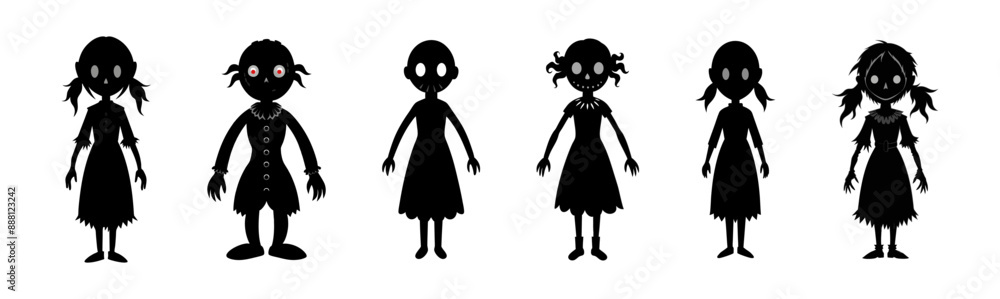 Set of Black silhouettes of scary haunted dolls in tattered dresses. Concept of spooky character, Halloween decoration, creepy toy, and minimalist illustration. Print, design element. Clip art Set of Black silhouettes of scary haunted dolls in tattered dresses. Concept of spooky character, Halloween decoration, creepy toy, and minimalist illustration. Print, design element. Clip art