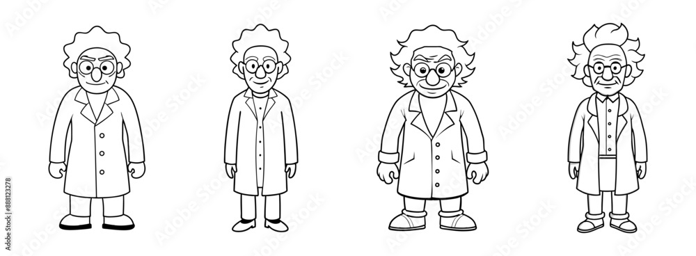 Set of Cartoon outlines of eccentric mad scientists characters in lab coats isolated on white background. Concept of crazy professor, mad genius, Halloween character. Print, design element. Clip art Set of Cartoon outlines of eccentric mad scientists characters in lab coats isolated on white background. Concept of crazy professor, mad genius, Halloween character. Print, design element. Clip art
