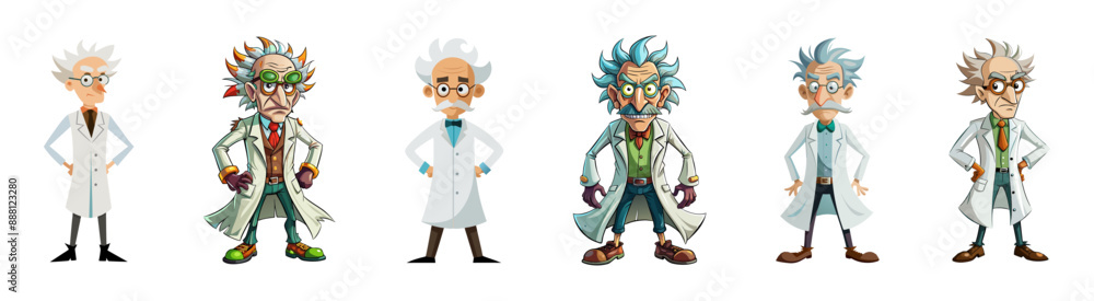 Set of Quirky cartoon mad scientists in lab coats isolated on white background. Concept of eccentric genius, crazy professor, Halloween character, humorous illustration, comic design element. Clip art Set of Quirky cartoon mad scientists in lab coats isolated on white background. Concept of eccentric genius, crazy professor, Halloween character, humorous illustration, comic design element. Clip art