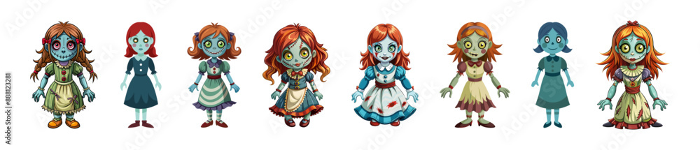 Set of Cartoon scary haunted dolls with big eyes in dresses isolated on white background. Concept of spooky character, Halloween decoration, creepy toy, horror design. Print, design element. Clip art Set of Cartoon scary haunted dolls with big eyes in dresses isolated on white background. Concept of spooky character, Halloween decoration, creepy toy, horror design. Print, design element. Clip art