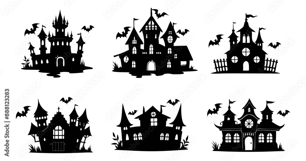 Set of Black silhouettes of haunted castles with bats isolated on white background. Concept of spooky decoration, haunted house, minimalist style, Halloween design. Print. Clip art Set of Black silhouettes of haunted castles with bats isolated on white background. Concept of spooky decoration, haunted house, minimalist style, Halloween design. Print. Clip art