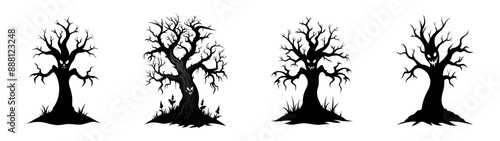 Set of Black silhouettes of spooky hounted trees with ominous faces and creepy roots isolated on white background. Concept of Halloween, horror, haunted forest, evil nature. Print. Clip art