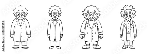 Set of Cartoon outlines of eccentric mad scientists characters in lab coats isolated on white background. Concept of crazy professor, mad genius, Halloween character. Print, design element. Clip art