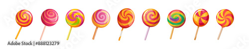 Set of Colorful lollipops with a swirled patterns isolated on white background. Sweet candies  in a minimalist style. Concept of confectionery, dessert. Print, design elements