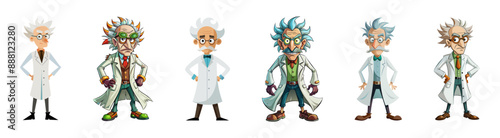 Set of Quirky cartoon mad scientists in lab coats isolated on white background. Concept of eccentric genius, crazy professor, Halloween character, humorous illustration, comic design element. Clip art