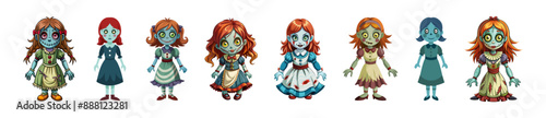 Set of Cartoon scary haunted dolls with big eyes in dresses isolated on white background. Concept of spooky character, Halloween decoration, creepy toy, horror design. Print, design element. Clip art
