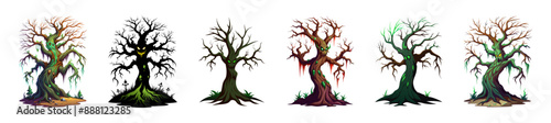 Set of Spooky haunted trees with ominous faces and creepy roots isolated on a white background. Concept of Halloween, horror, haunted forest, evil nature. Print, art, illustration. Clip art