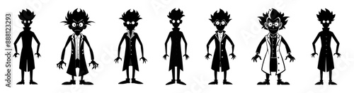 Set of Black silhouettes of eccentric mad scientists isolated on white background. Concept of crazy professor, mad genius, minimalist character, Halloween. Print, design element. Clip art