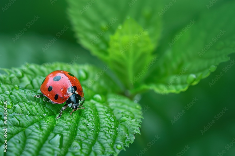 Macro Photography Detailed Close-Up of a Ladybug Perched on a Vibrant Green Leaf Macro Photography Detailed Close-Up of a Ladybug Perched on a Vibrant Green Leaf