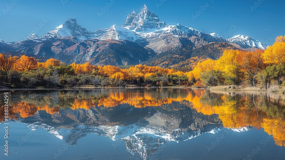 Naklejka premium A serene mountain lake with crystal clear water and a reflection of the peaks ,The images are of high quality and clarity