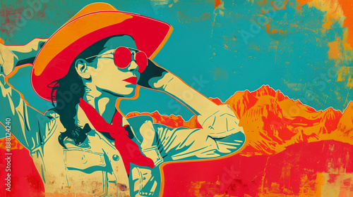 Colorful retro illustration with a cowgirl in the desert