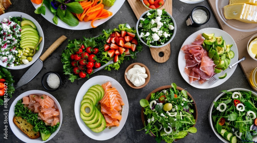 Wide shot of a gluten-free brunch setup with avocado toast, smoked salmon, and fresh salads, arranged on a long table Wide shot of a gluten-free brunch setup with avocado toast, smoked salmon, and fresh salads, arranged on a long table