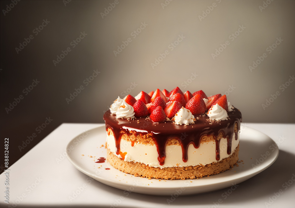 chocolate cake with strawberry resting on a white plate on a white countertop with a plain gray wall in the background