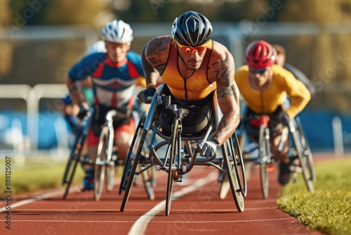 A man in a yellow and black outfit races on a track with other cyclists photo