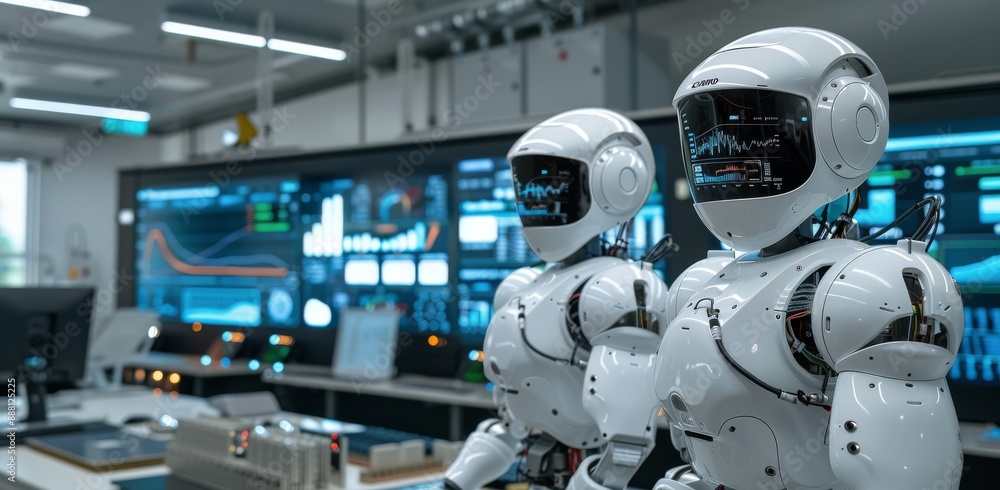 Two Humanoid Robots Working In A Modern Tech Facility Two Humanoid Robots Working In A Modern Tech Facility