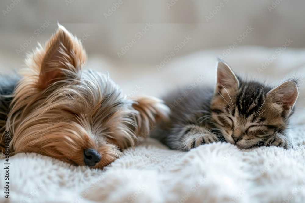 Yorkshire Terrier and kitten sleeping together on bed.