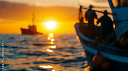 Wide shot of fishers preparing their gear at dawn, ready for a long day of tuna fishing at sea  photo