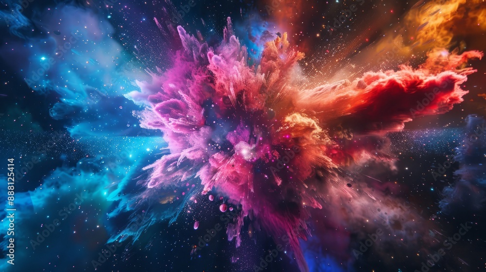 A vibrant explosion set against a somber space theme A vibrant explosion set against a somber space theme
