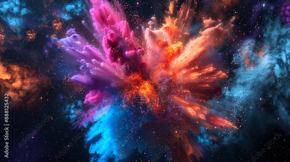 A vibrant explosion set against a somber space theme A vibrant explosion set against a somber space theme