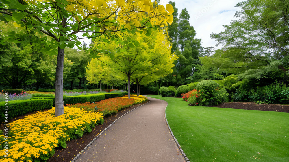 Wide-angle shot of a botanical garden with a section dedicated to Ginkgo biloba trees, showcasing their lush foliage Wide-angle shot of a botanical garden with a section dedicated to Ginkgo biloba trees, showcasing their lush foliage