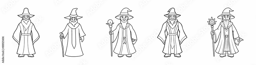 Set of Black and white outline illustrations of wizards in robes and hats. Concept of sorcerer, magic, fantasy, character, medieval. Print, design element, art. Clip art Set of Black and white outline illustrations of wizards in robes and hats. Concept of sorcerer, magic, fantasy, character, medieval. Print, design element, art. Clip art