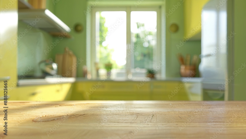 Empty Wooden Table with Blurred green Kitchen Background Empty Wooden Table with Blurred green Kitchen Background