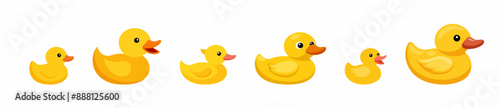 Set of yellow rubber ducks of varying sizes isolated on a white background. Bath toy ducks collection. Concept of childhood, bath time, playful design. Print, icon, design element