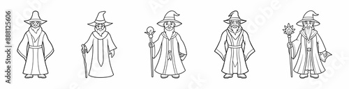 Set of Black and white outline illustrations of wizards in robes and hats. Concept of sorcerer, magic, fantasy, character, medieval. Print, design element, art. Clip art