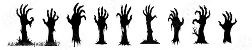 Row of black silhouettes of creepy zombie hands rising from the ground isolated on a white background. Eerie monster hands set. Concept of horror, Halloween. Print, icon, design elements