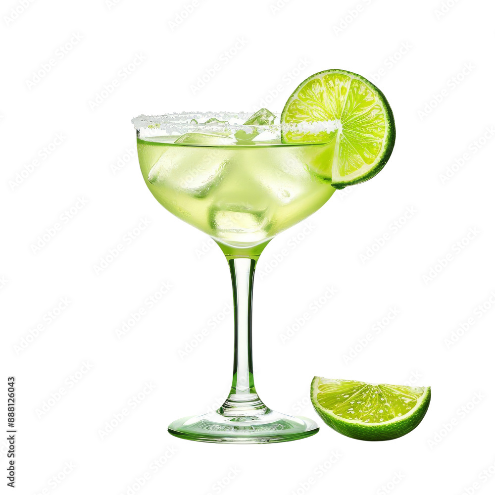 A refreshing margarita cocktail with a lime wedge and ice. The glass is rimmed with salt. A refreshing margarita cocktail with a lime wedge and ice. The glass is rimmed with salt.