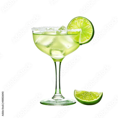 A refreshing margarita cocktail with a lime wedge and ice. The glass is rimmed with salt.