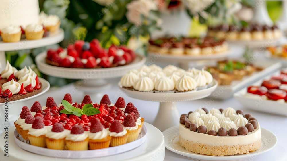 Wide-angle shot of a lavish dessert table with a variety of gourmet cakes, tarts, and pastries, beautifully displayed with decorative elements Wide-angle shot of a lavish dessert table with a variety of gourmet cakes, tarts, and pastries, beautifully displayed with decorative elements
