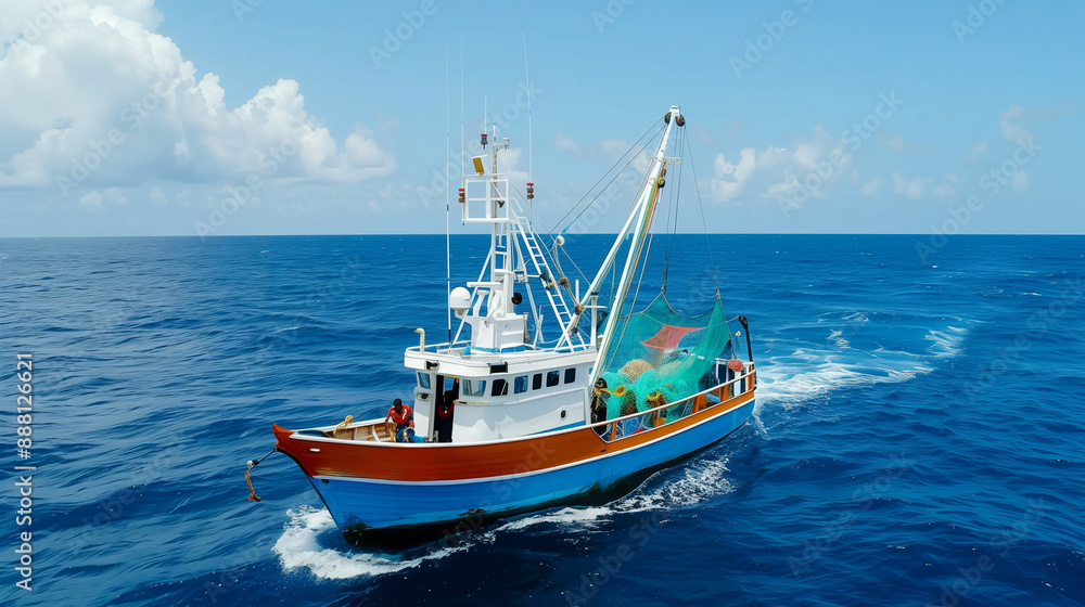 Wide-angle shot of a tuna fishing boat at sea, with crew members preparing lines and nets for the catch Wide-angle shot of a tuna fishing boat at sea, with crew members preparing lines and nets for the catch