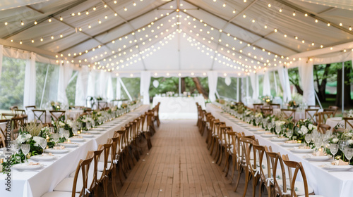 Wide-angle shot of a wedding reception tent with beautifully decorated tables, a dance floor, and a catered buffet area under twinkling lights 
