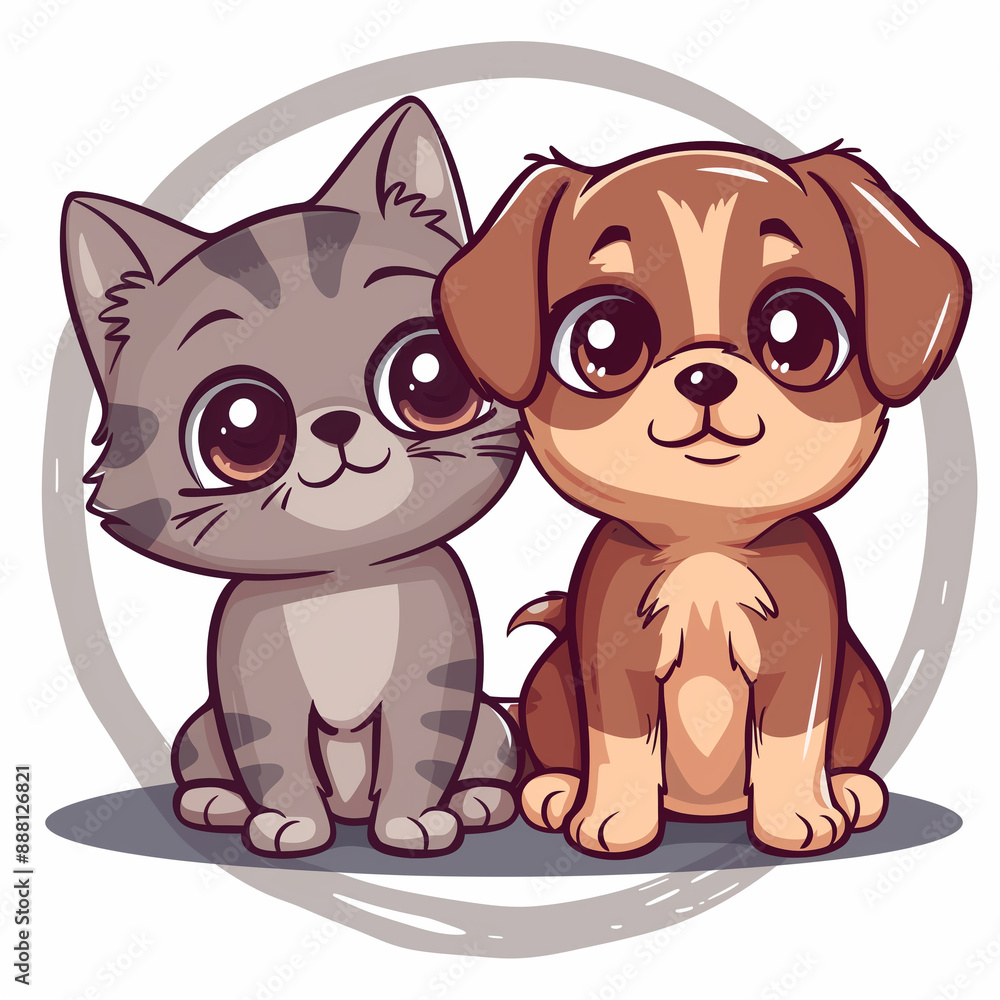 Cute vector illustration of a smiling cartoon cat and dog sitting together, symbolizing friendship and happiness.
Cute vector illustration of a smiling cartoon cat and dog sitting together, symbolizing friendship and happiness.