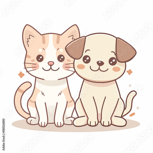 Cute vector illustration of a smiling cartoon cat and dog sitting together, symbolizing friendship and happiness. 