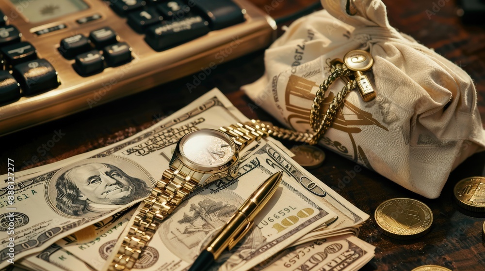 Elegant setting with a money bag filled with cash, a luxury watch, and a gold pen, representing wealth and opulence Elegant setting with a money bag filled with cash, a luxury watch, and a gold pen, representing wealth and opulence