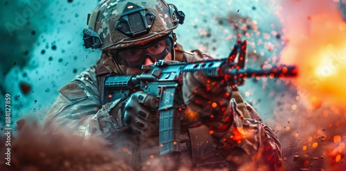 Soldier Firing Rifle In Battlefield With Explosions