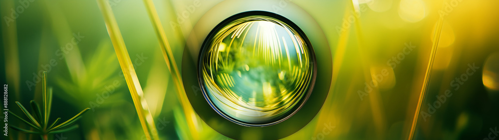 Fototapeta premium Wiosenne tło - trawa w soczewce. Zielona pora roku. 