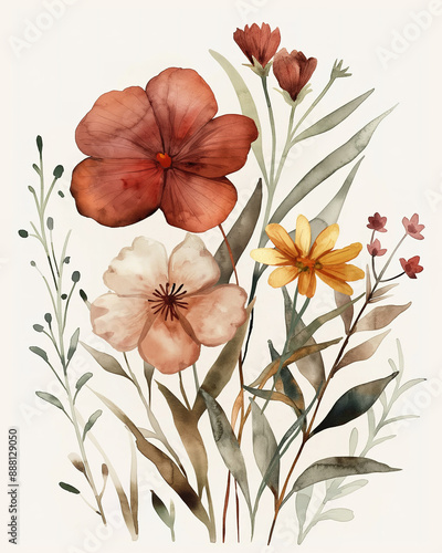  Watercolor illustration of wildflowers in muted colors against a white background photo