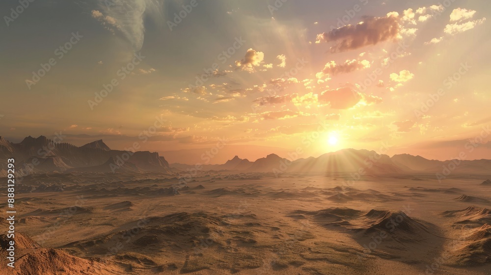 Sunset over a serene desert landscape with distant mountains and scattered clouds Sunset over a serene desert landscape with distant mountains and scattered clouds