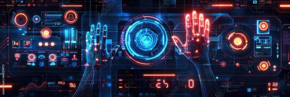 Futuristic holographic interface with glowing neon lights and digital elements, depicting advanced technology and innovation. Futuristic holographic interface with glowing neon lights and digital elements, depicting advanced technology and innovation.