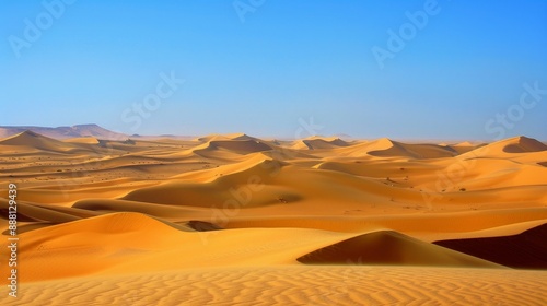 Wide view of a desert with rolling sand dunes.