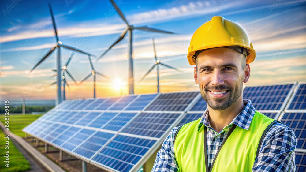A renewable energy technical engineer man wearing a yellow hard hat stands in front of a solar farm A renewable energy technical engineer man wearing a yellow hard hat stands in front of a solar farm