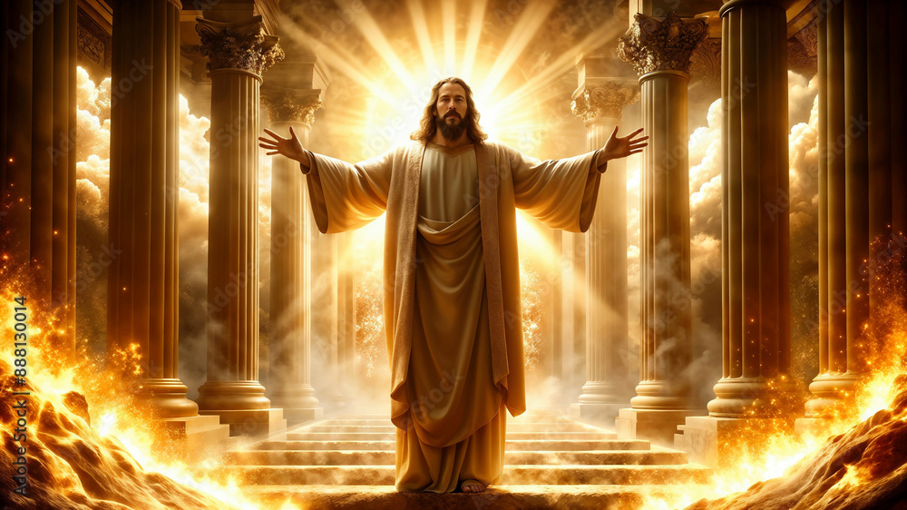 Obraz premium Jesus Christ in the Heavenly Sanctuary as our Intercessor and Advocate next to the Father illustration