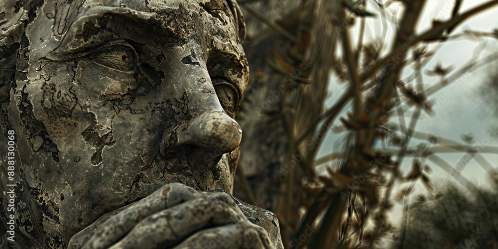 The Forgotten Promise: A crumbling statue of a pioneer, its face weathered and eyes empty, gazes out over a neglected city park. The Forgotten Promise: A crumbling statue of a pioneer, its face weathered and eyes empty, gazes out over a neglected city park.