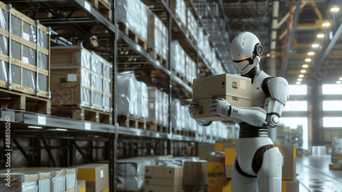 Strong humanoid diligently working in warehouse carefully lifting boxes dexterity and precision. Concepts robot's ability to perform physically demanding tasks in potentially hazardous environments