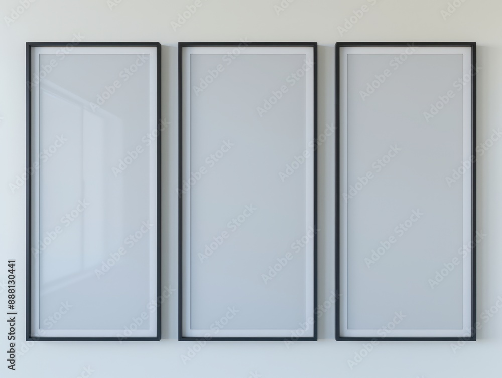 Three blank picture frames on a white wall, ready for your artwork or photos. Perfect for home or office interior decoration. Three blank picture frames on a white wall, ready for your artwork or photos. Perfect for home or office interior decoration.